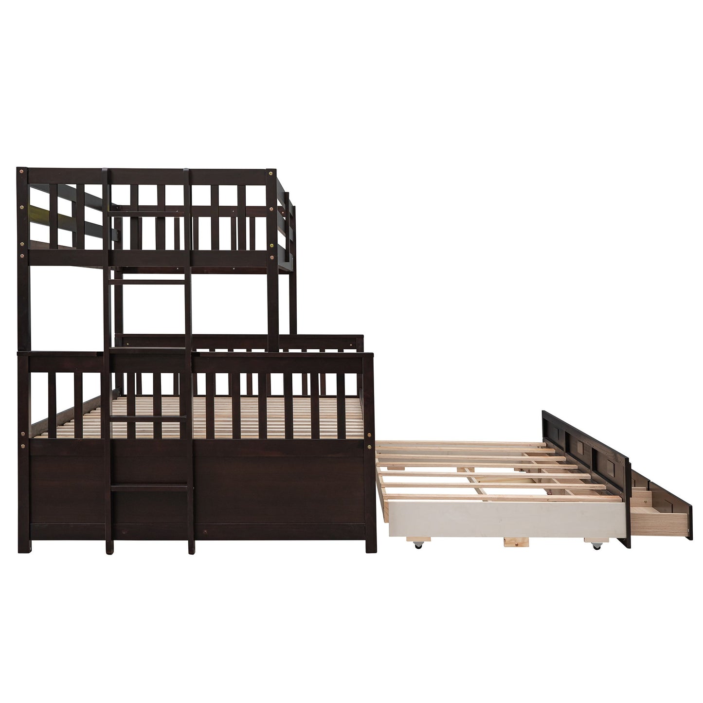 Twin Over Full Bunk Bed With Twin Size Trundle, With Drawers For Bedroom - Espresso