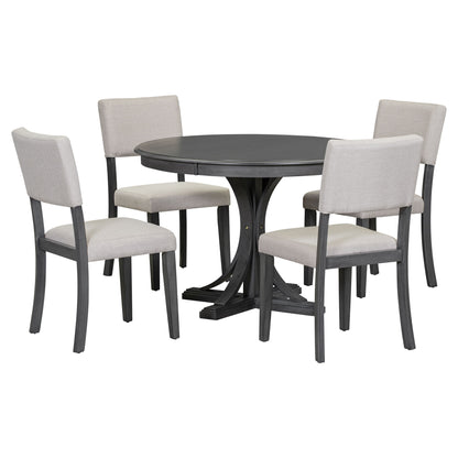 5 Piece Retro Round Dining Table Set With Curved Trestle Style Table Legs And 4 Upholstered Chairs For Dining Room - Dark Gray