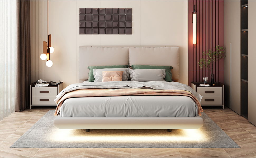 Queen Size Upholstered Platform Bed With Sensor Light And 2 Large Backrests, With 2 Sets Of USB Port And Socket On Each Rear Bed Leg - Beige