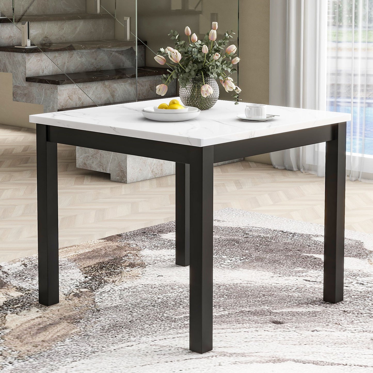 5-Piece Counter Height Dining Table Set With One Faux Marble Top Dining Table And Four Velvet Upholstered Chairs - Black