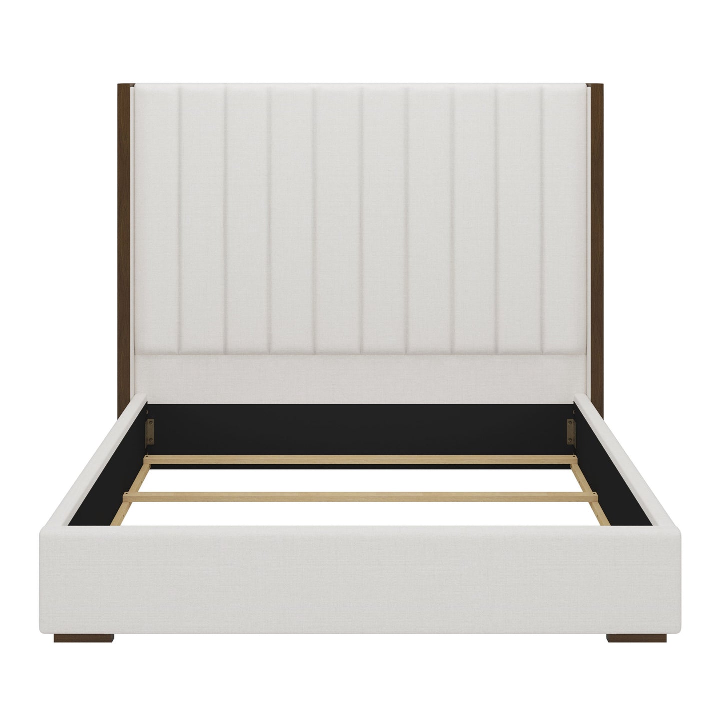 Tall Headboard Upholstered King Size Bed With Vertical Striped And Wingback Design, Box Spring Needed, Linen - Beige