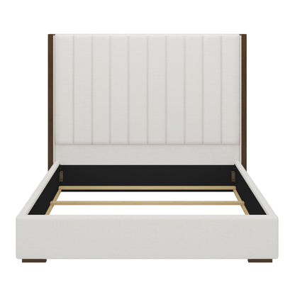 Tall Headboard Upholstered King Size Bed With Vertical Striped And Wingback Design, Box Spring Needed, Linen - Beige