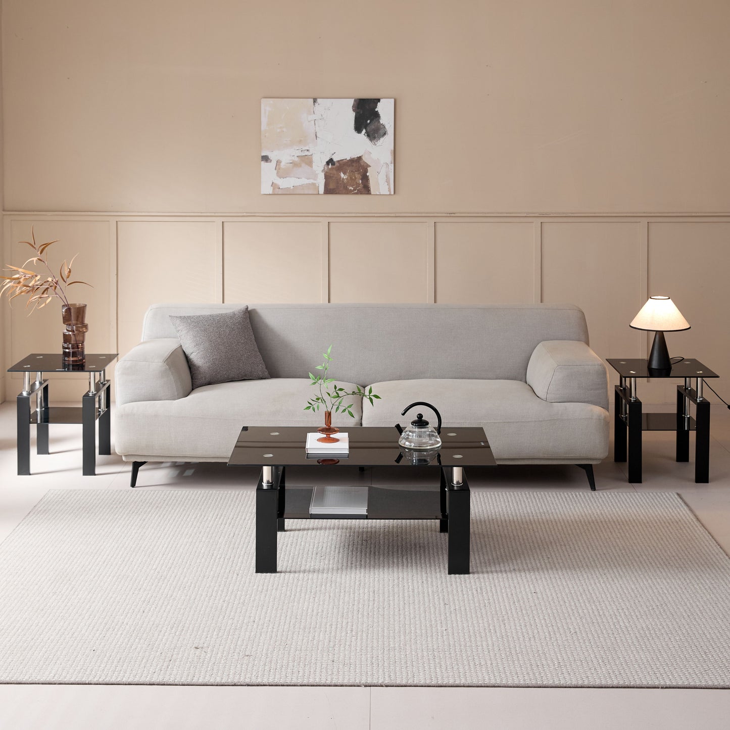 Tempered Black Glass Coffee Table, 2-Layers Tea Table - Black