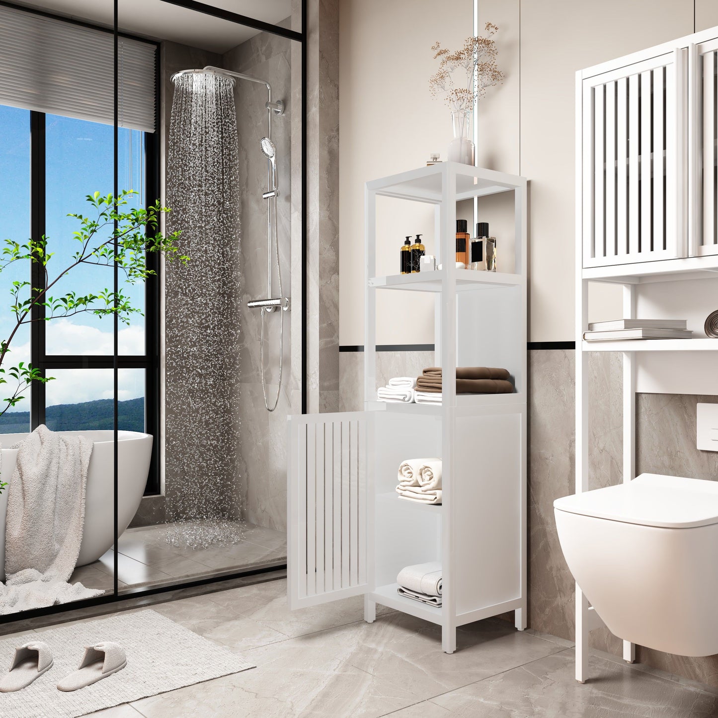 Bamboo Storage Cabinet With Tall Linen Tower, Multi Functional For Bathroom And Living Spaces - White