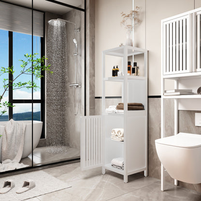Bamboo Storage Cabinet With Tall Linen Tower, Multi Functional For Bathroom And Living Spaces - White