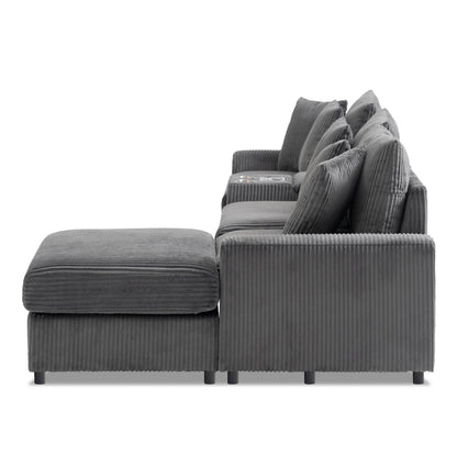 Sectional With Bluetooth Speakers L Shaped Couch With Console USB Charger, Cup Holders Storage Ottoman Deep And Wide Seat Cloud Sofa - Dark Gray