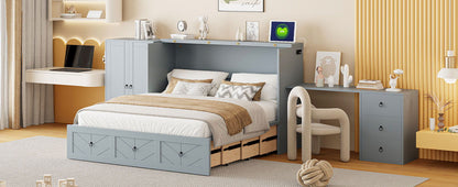Queen Size Murphy Bed With USB Port, Large Drawer, And Wardrobe / Desk Combo Versatile Cabinet Bed - Gray