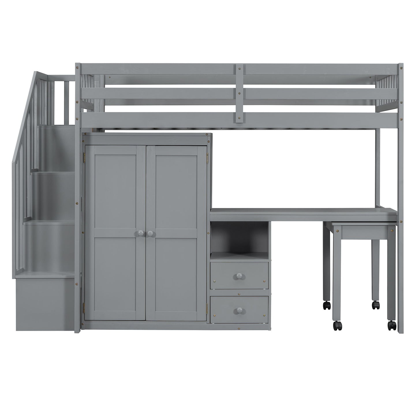 Twin Size Loft Bed With Stairs, Bookshelf, Drawers, Desk & Wardrobe, Space Saving Multifunctional Furniture - Gray