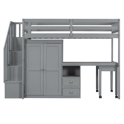 Twin Size Loft Bed With Stairs, Bookshelf, Drawers, Desk & Wardrobe, Space Saving Multifunctional Furniture - Gray