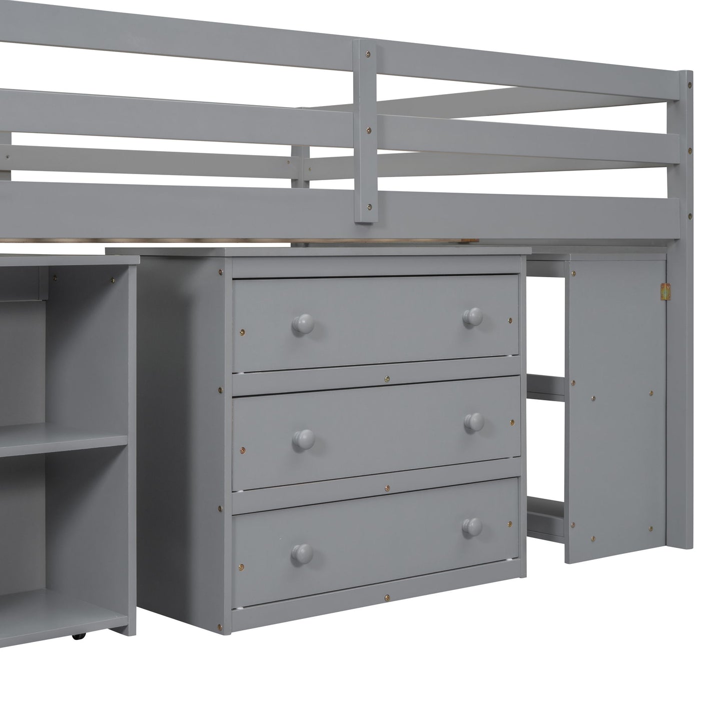 Full Size Loft Bed With Retractable Writing Desk And 3 Drawers With Storage Stairs And Shelves - Gray