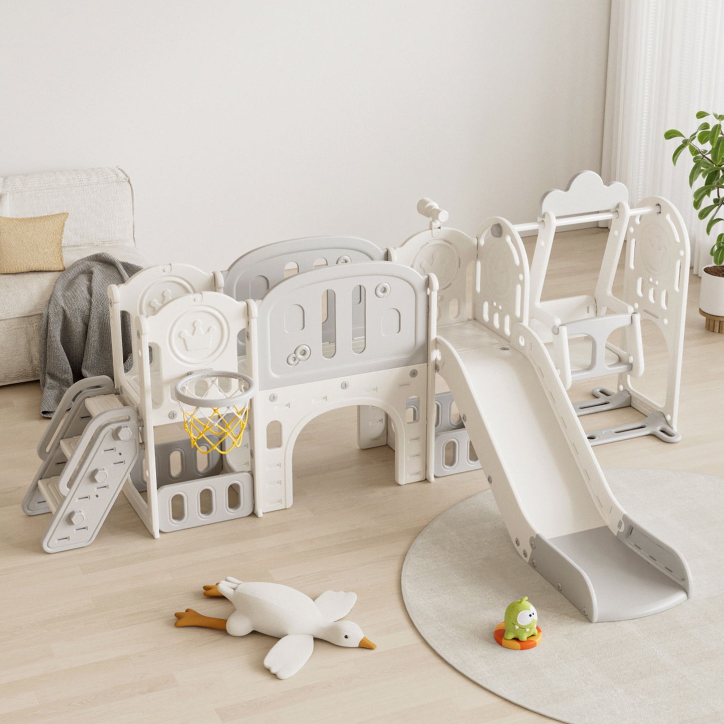 Versatile Toddler Slide With 11 - 1 Activity Center - Gray / Ivory