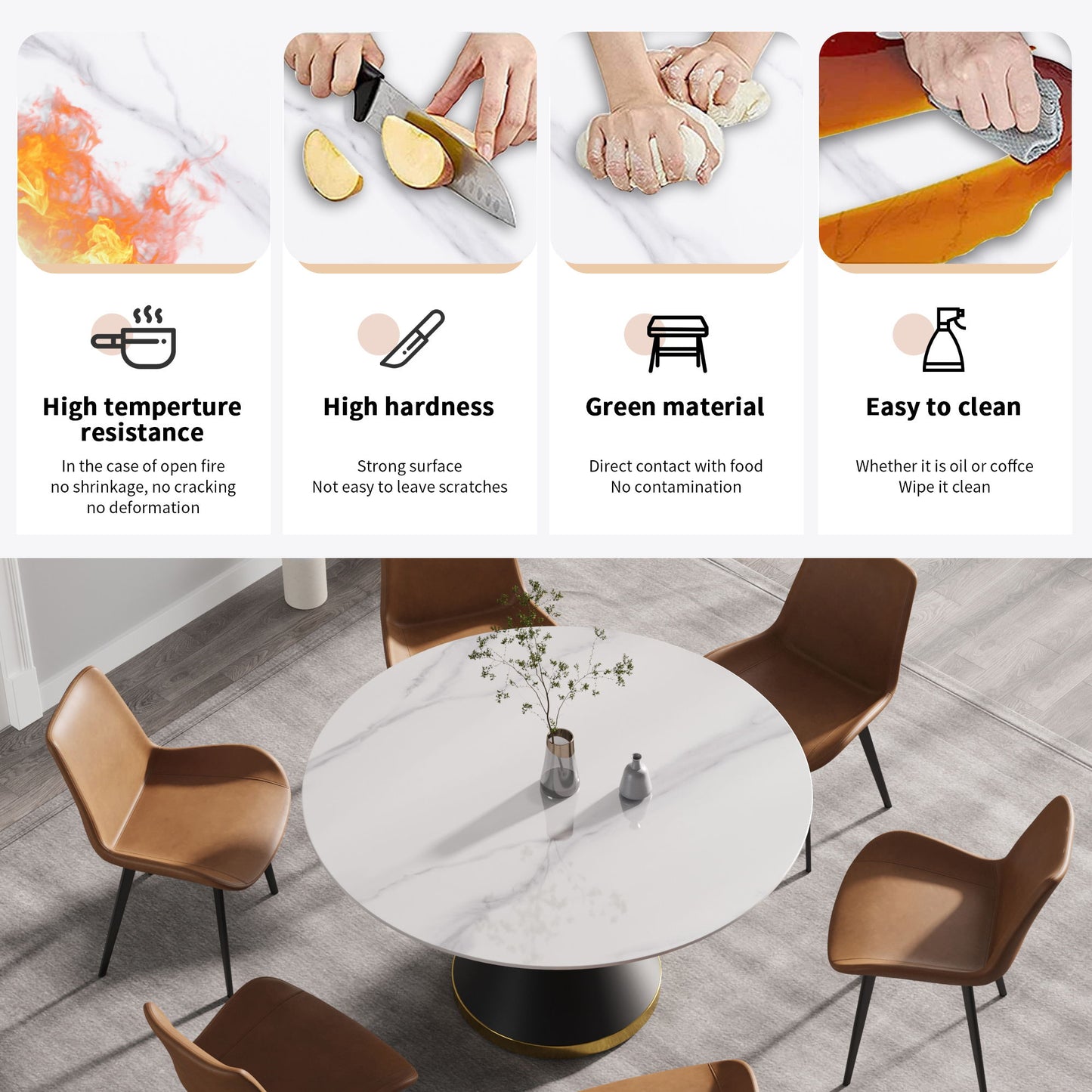 53.15" Modern Artificial Stone Round Carbon Steel Base Dining Table, Can Accommodate 6 People -White / Black