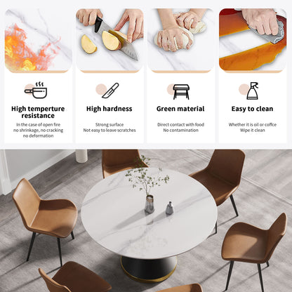 53.15" Modern Artificial Stone Round Carbon Steel Base Dining Table, Can Accommodate 6 People -White / Black