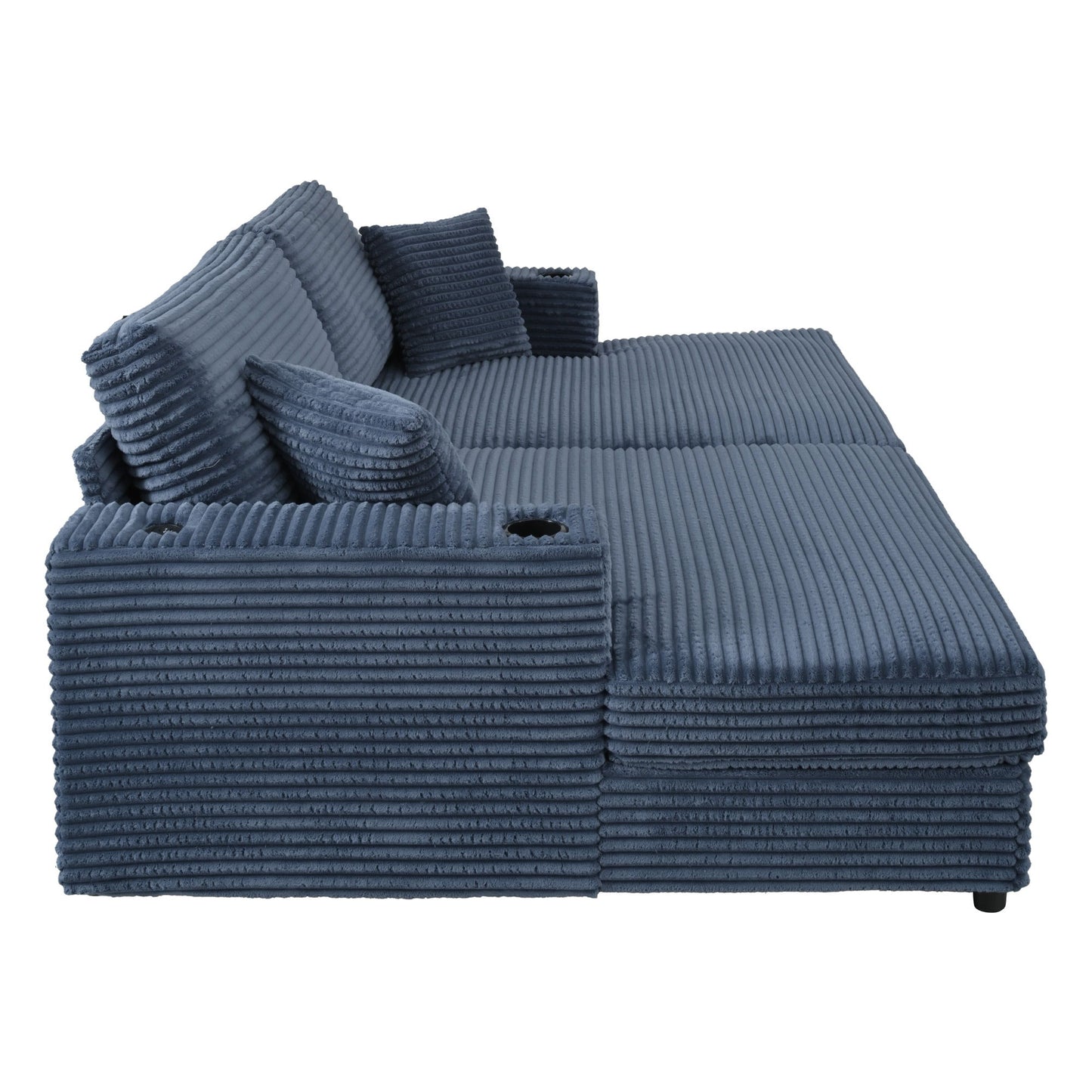 Oversized Loveseat Chaise Lounge Sectional Sofa Bed Corduroy Sleeper Sofa With 2 USB Ports, 2 Cup Holders And 2 Throw Pillows For Living Room And Bedroom - Blue