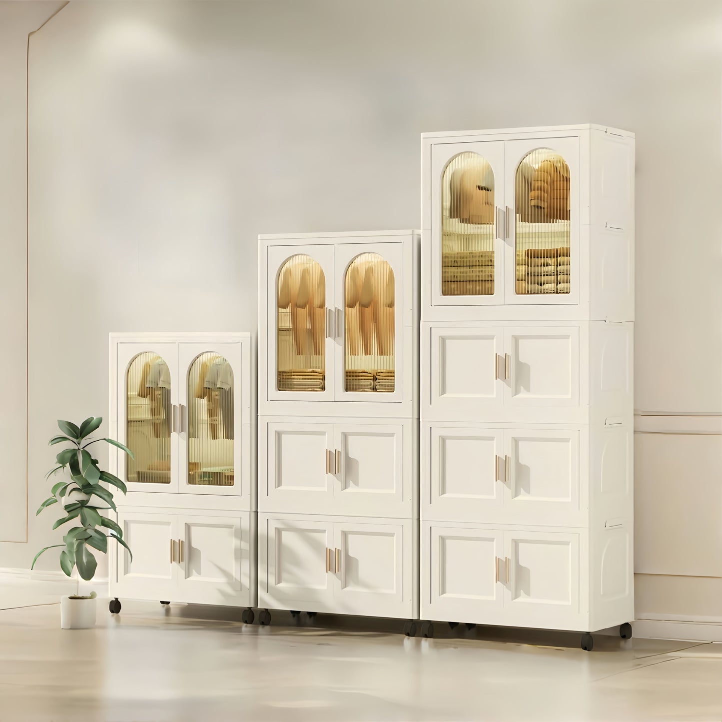 Folding Wardrobe Cabinet Wide White Plastic With Magnetic Doors, Wheels, And 10 Hangers - Cream White