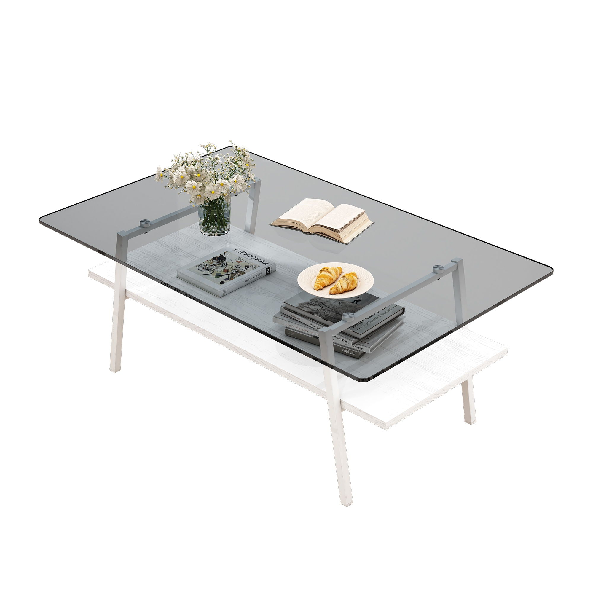 Rectangle Coffee Table, Tempered Glass Tabletop With White Metal Legs, Modern Table For Living Room - Gray