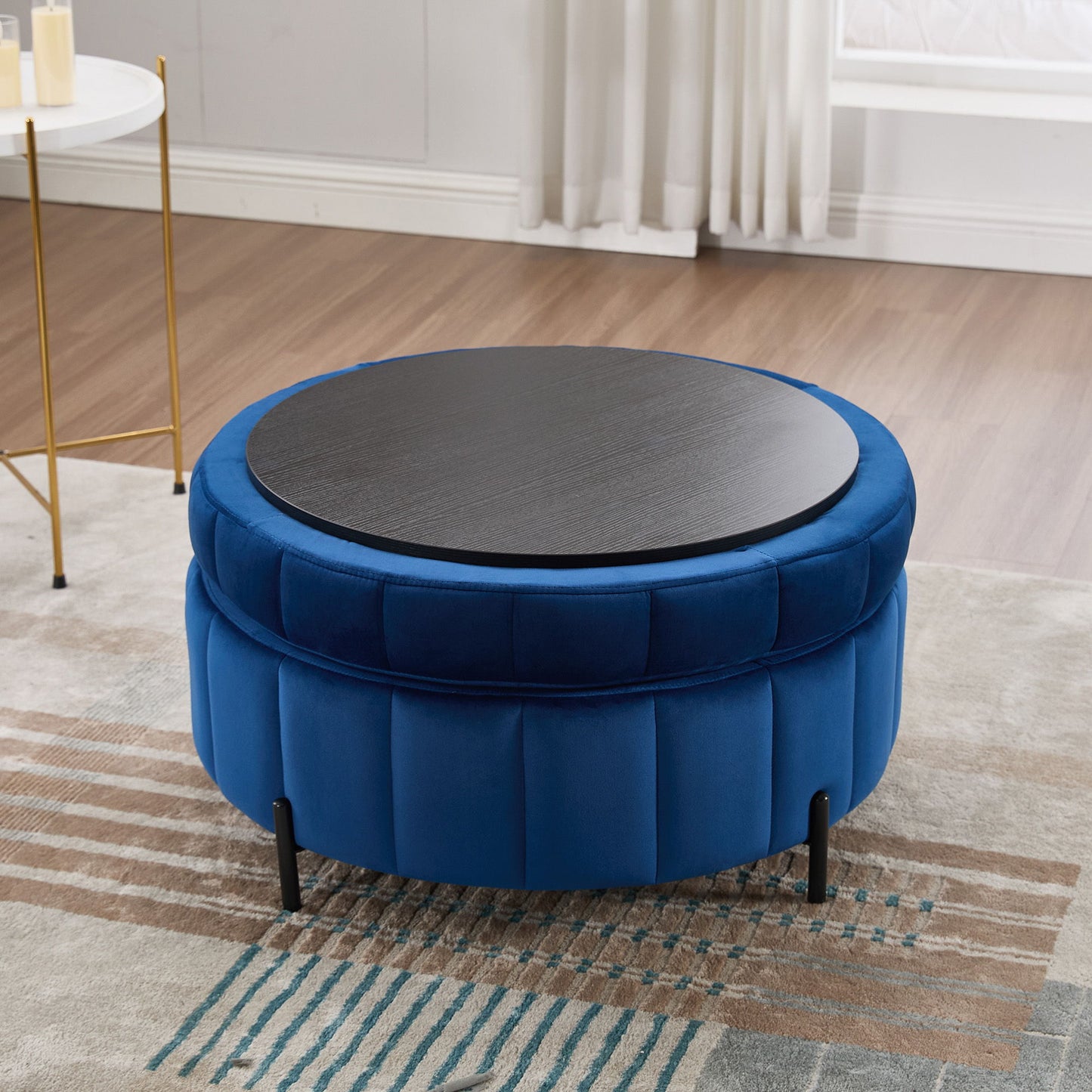 Upholstered Round Ottoman With Reversible Lid, Velvet Storage Stool, Channel Tufted Pumpkin Shape Footstool For Living Room, Bedroom And Office - Navy