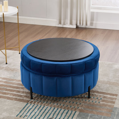 Upholstered Round Ottoman With Reversible Lid, Velvet Storage Stool, Channel Tufted Pumpkin Shape Footstool For Living Room, Bedroom And Office - Navy
