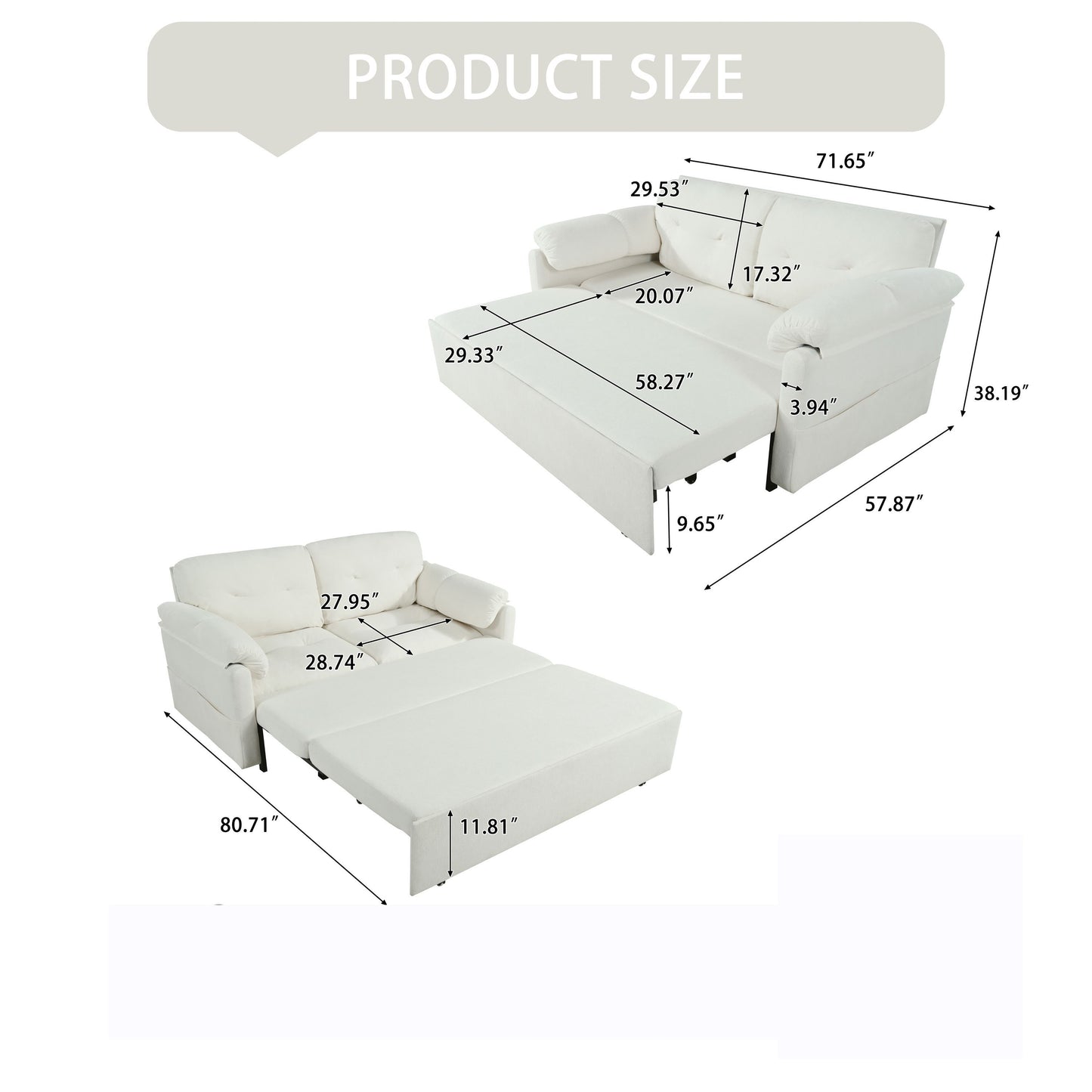 Modern Convertible Sleeper Sofa Bed With Pull Out Queen Design, Side Storage & Thick Cushions Chenille Loveseat For Living Room Or Bedroom 3 In 1 Function - Beige