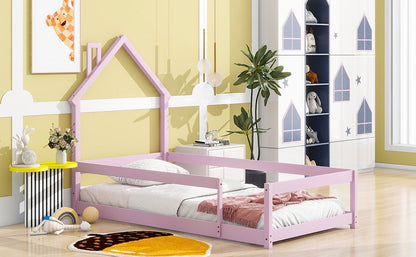 Twin Size Wood Bed With House-Shaped Headboard Floor Bed With Fences - Pink