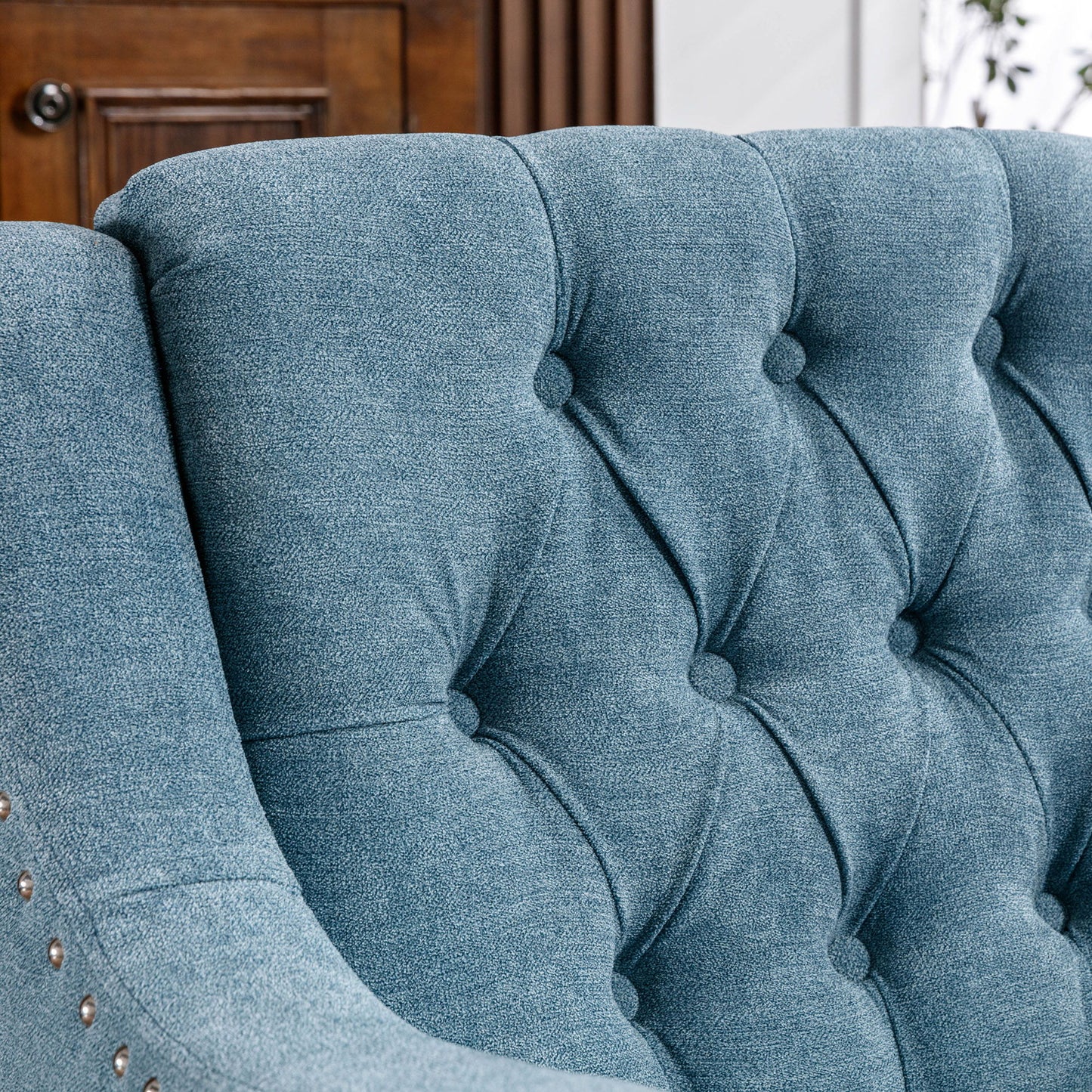 Accent Chair, Living Room Chair, Footrest Chair Set With Vintage Brass Studs, Button Tufted Upholstered Armchair For Living Room, Comfy Reading Chair For Bedroom, Reception Room - Blue