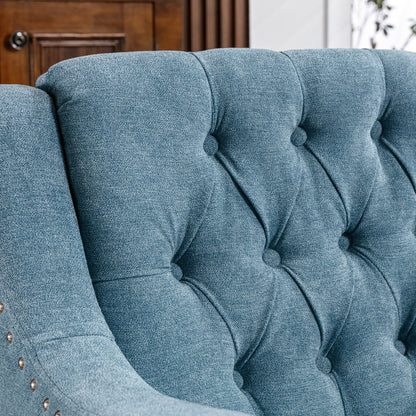 Accent Chair, Living Room Chair, Footrest Chair Set With Vintage Brass Studs, Button Tufted Upholstered Armchair For Living Room, Comfy Reading Chair For Bedroom, Reception Room - Blue