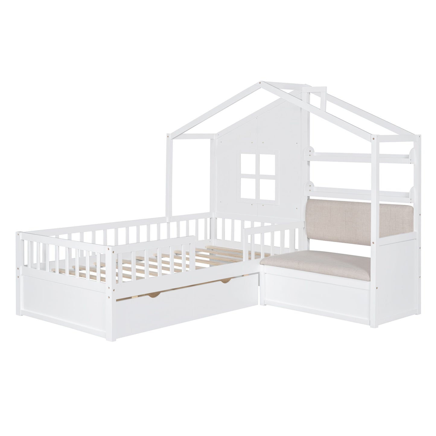 Twin Size House Bed With Sofa, Kids Platform Bed With 2 Drawers And Storage Shelf - White