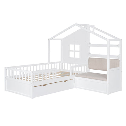 Twin Size House Bed With Sofa, Kids Platform Bed With 2 Drawers And Storage Shelf - White