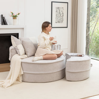 Modern Oversized Round Barrel Accent Chair With Ottoman - Velvet Upholstered Lounge Armchair With 5 Pillows For Living Room Or Bedroom - Gray