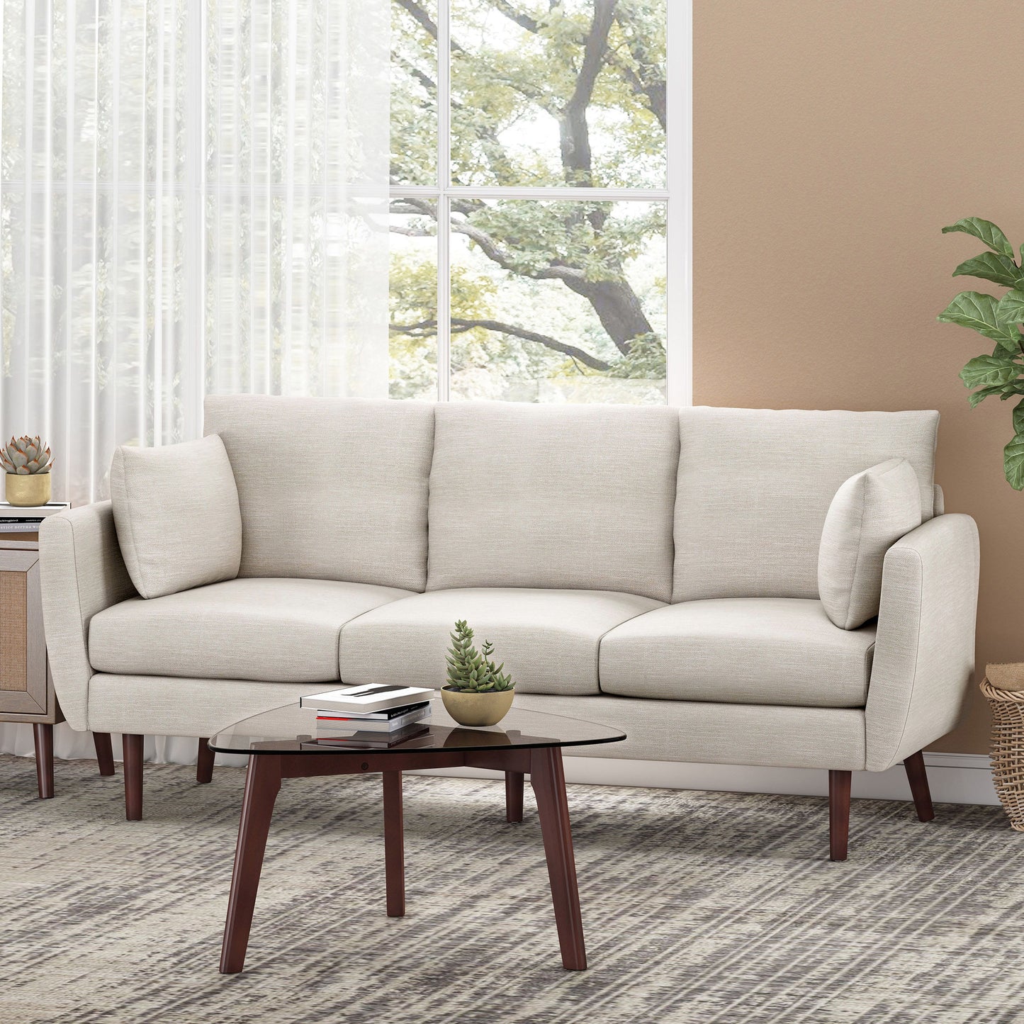 Diaphanous - Upholstered 3 Seater Sofa With 2 Accent Pillows And Wood Legs - Beige