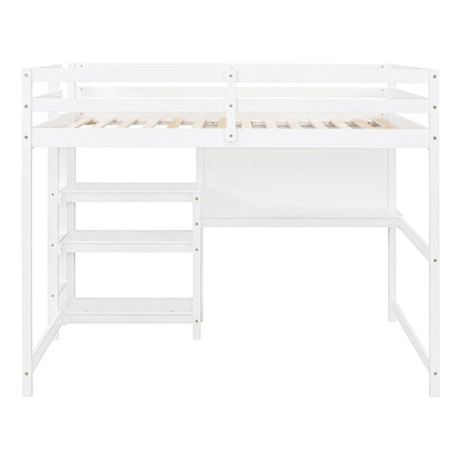 Full Size Loft Bed With Shelves, Desk And Writing Board - White