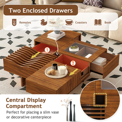 Mid Century Modern Coffee Table, Unique Square Wooden Coffee Table With 3 Drawers, Tempered Glass And Solid Wood Legs For Living Room - Brown