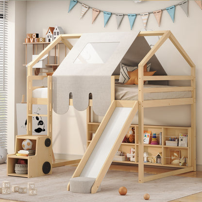Full Size Loft Bed House Shaped Frame With Tent - Natural / Beige