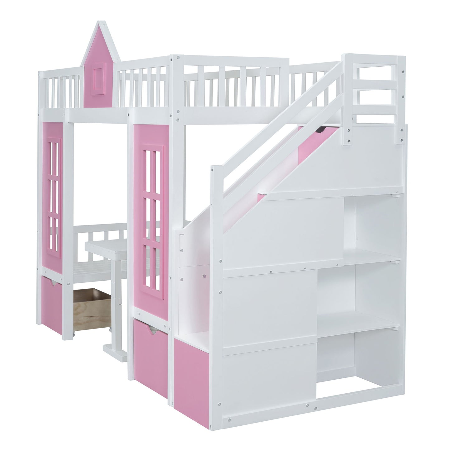 Twin Over Twin Bunk Bed With Changeable Table, Bunk Bed Turn Into Upper Bed And Down Desk - Pink