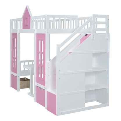 Twin Over Twin Bunk Bed With Changeable Table, Bunk Bed Turn Into Upper Bed And Down Desk - Pink