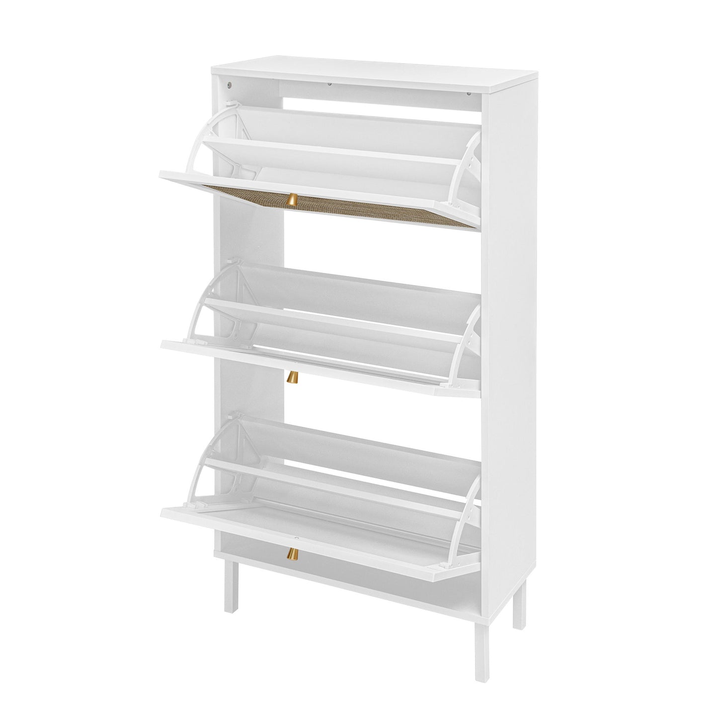Modern Rattan 3 Door Shoe Rack Cabinet For Entryway Freestanding White Storage Unit In Particle Board - White