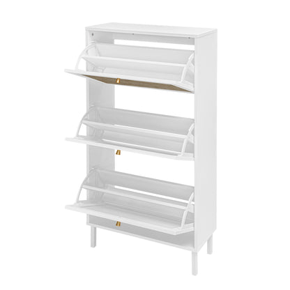 Modern Rattan 3 Door Shoe Rack Cabinet For Entryway Freestanding White Storage Unit In Particle Board - White