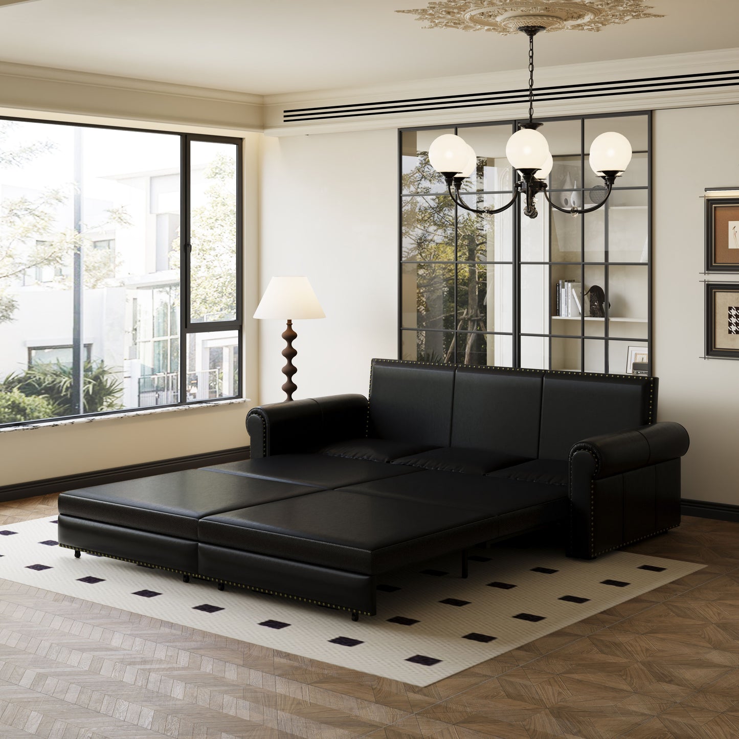 Pull Out Sofa Bed, 3 In 1 Faux Leather Convertible Sleeper Sofa With Nailhead Trim & Rolled Arm Multifunctional Sofa Bed For Living Room - Black