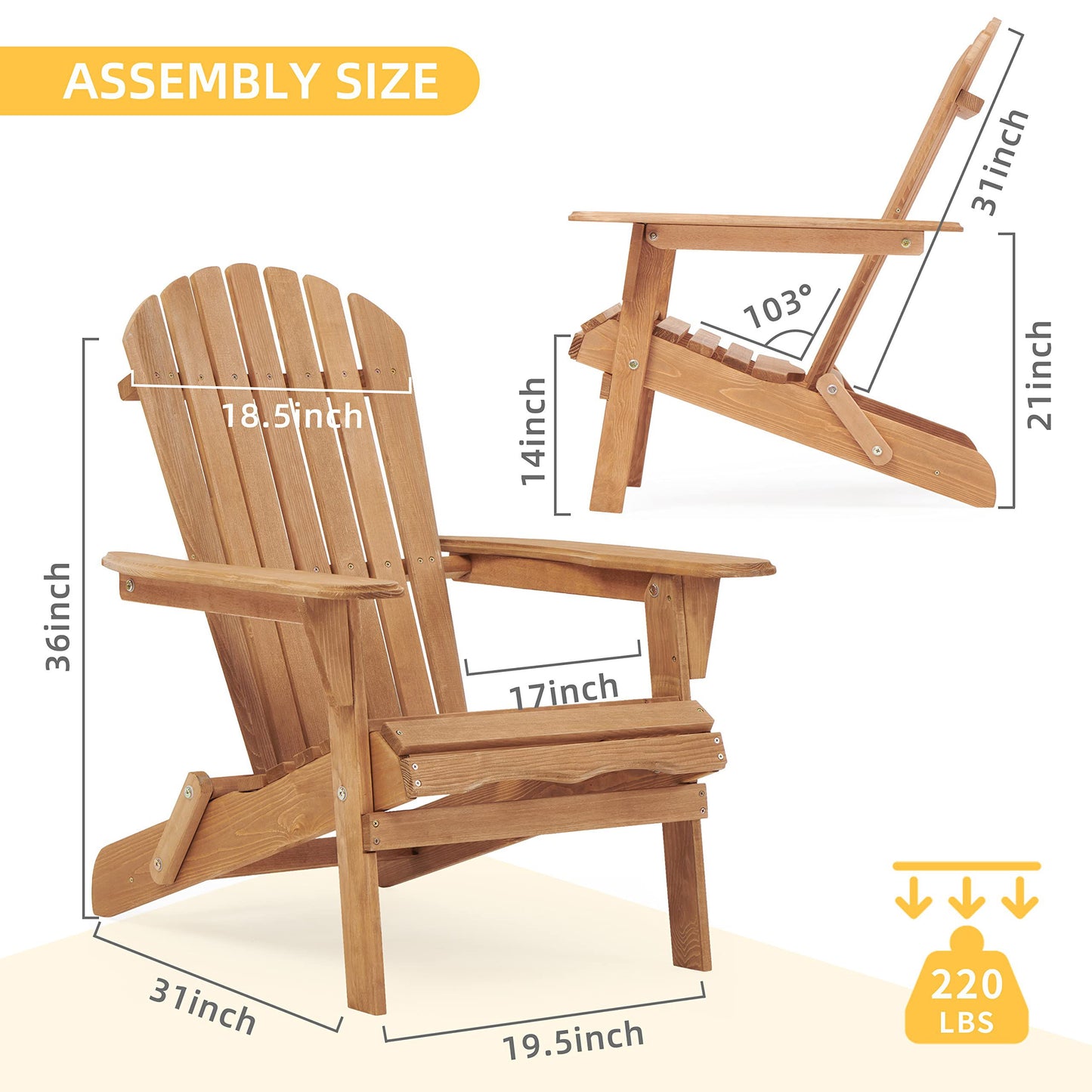 Wooden Outdoor Folding Adirondack Chair (Set of 2) Wood Lounge Patio Chair For Garden, Garden, Lawn, Backyard, Deck, Pool Side, Fire Pit - Light Brown