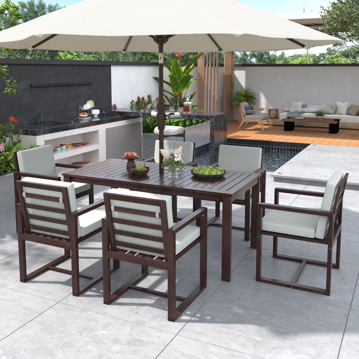 Patio Dining Set Outdoor Dining Table And Chair Set With And Removable Cushions For Patio, Backyard, Garden - Dark Brown