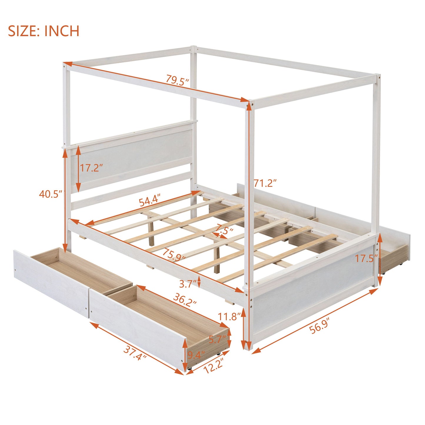Full Size Canopy Platform Bed With 4 Drawers And Support Slats, No Box Spring Needed - Brushed White