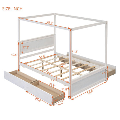 Full Size Canopy Platform Bed With 4 Drawers And Support Slats, No Box Spring Needed - Brushed White