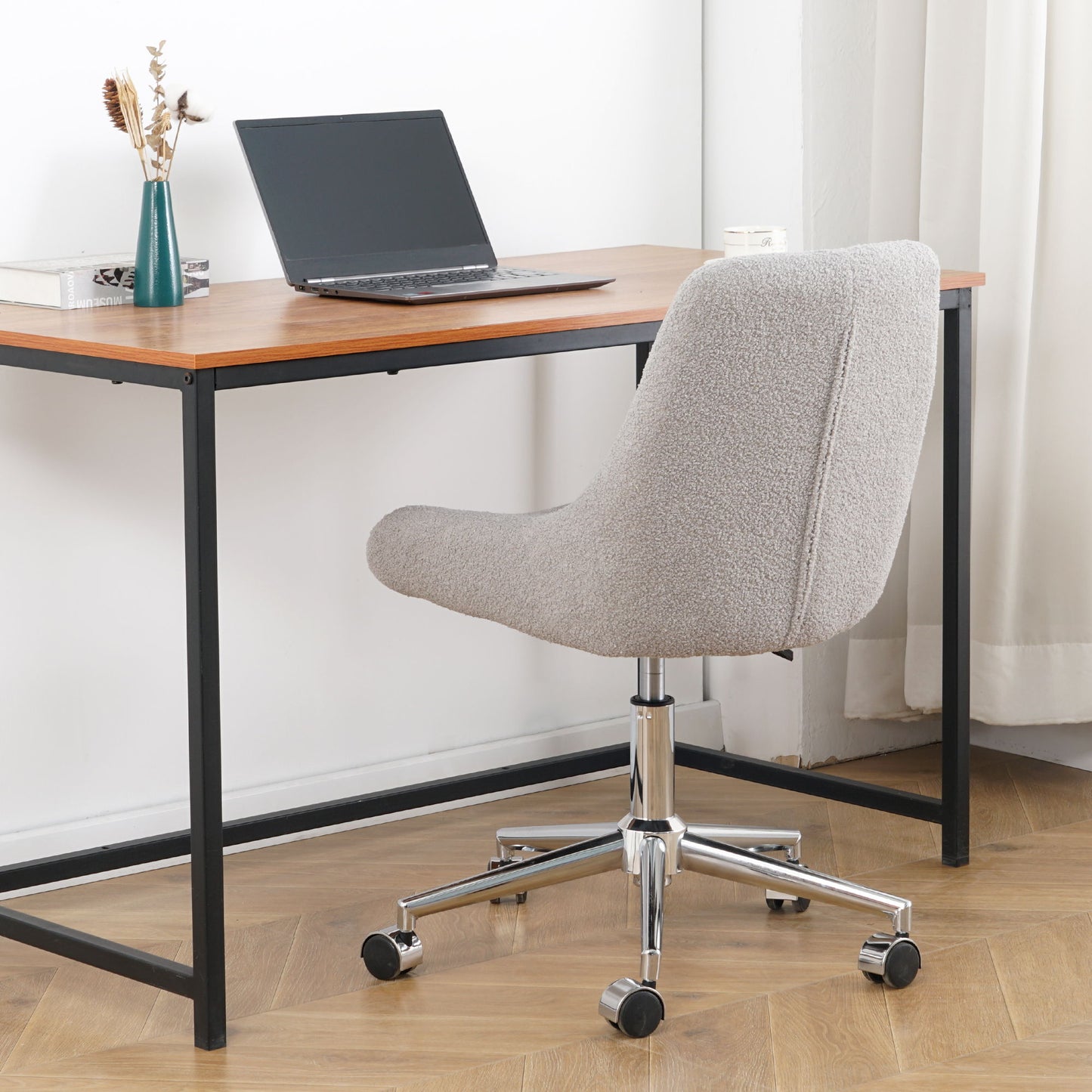 Modern Teddy Fleece Fabric Dining Chair With Chrome Legs, Soft And Comfortable - Gray