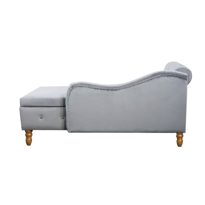 Chaise Lounge Indoor, Velvet Lounge Chair For Bedroom With Storage & Pillow, Modern Upholstered Rolled Arm Chase Lounge For Sleeping With Nailhead Trim For Living Room Bedroom Office - Gray
