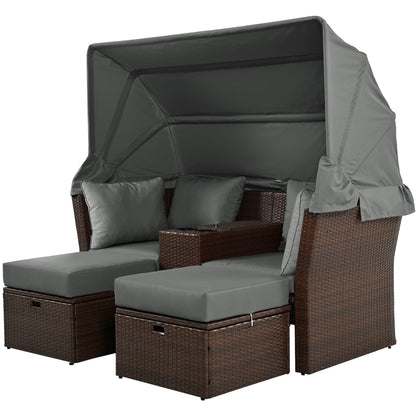 2 Seater Outdoor Patio Daybed Outdoor Double Daybed Outdoor Loveseat Sofa Set With Foldable Awning And Cushions For Garden, Balcony, Poolside - Gray
