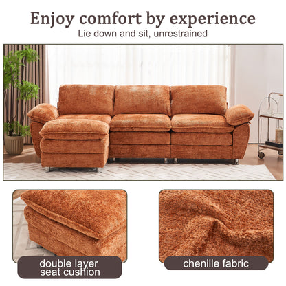 Modern Deep 3 Seat Sofa Couch With Ottoman, Polyester Sofa Sleeper Comfy Upholstered Furniture For Living Room - Orange