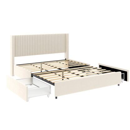 Anna - Queen Patented 2 Drawer Storage Bed, Upholstered Wingback - Ivory Velvet