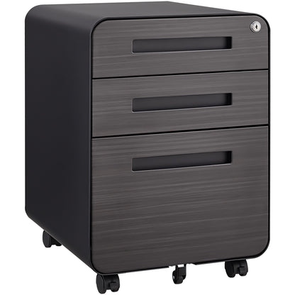 3 Drawer Mobile File Cabinet Under Desk Office, Simple Style Versatile Storage Cabinet, 5 Wheel Design Anti-Tilting Cold Rolled Steel Waterproof Moisture-Proof - Black