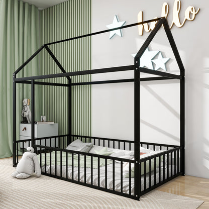Twin Size Bed House Bed Frame With Fence - Black