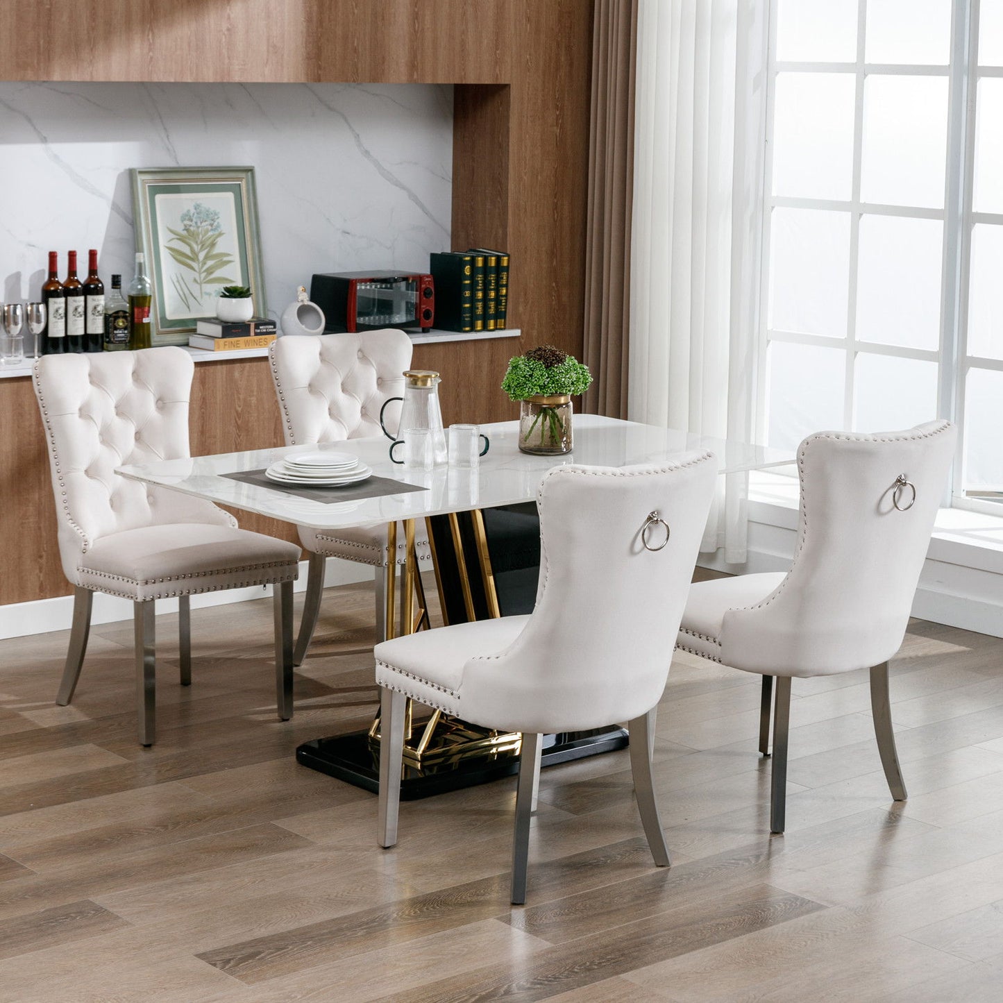 Nikki - Modern, High-End Tufted Solid Wood Contemporary Velvet Upholstered Dining Chair With Chrome Stainless Steel Plating Legs, Nailhead Trim (Set of 2) - Beige